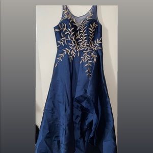 Navy blue juniors prom dress with gold stitch